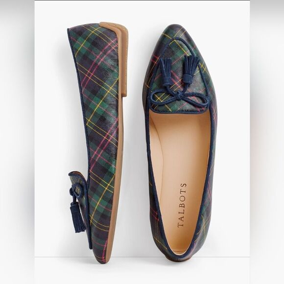 TALBOTS Francesca Tasseled Driving Moccasins Green Navy Tartan Plaid 8.5 - Picture 1 of 10
